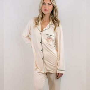 Sundays Cream Pajama Set with Dark Green Accents